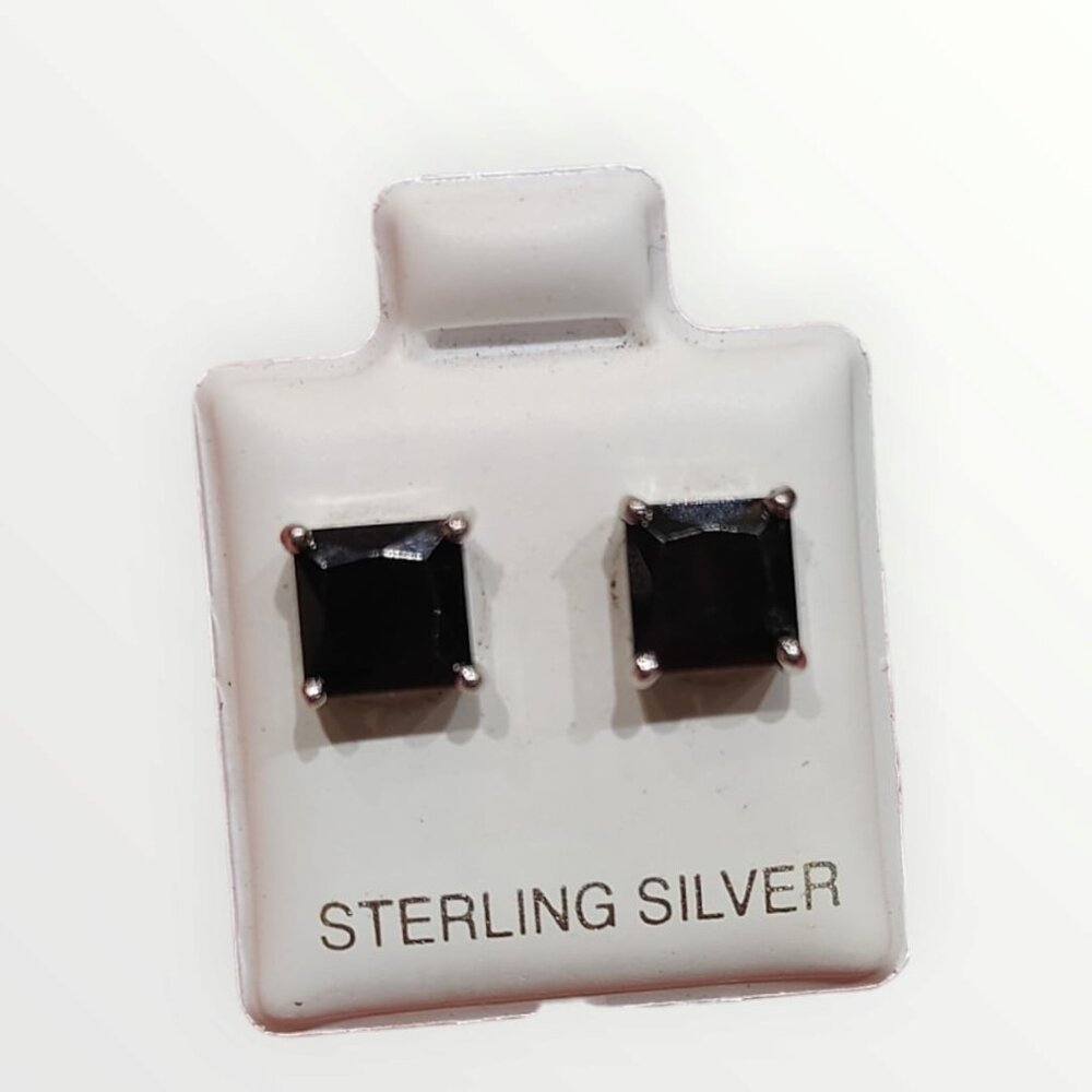 925 Sterling Silver Black Squared Shape Big Stud Earrings